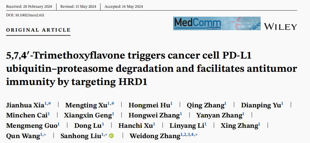 beat365刘三宏和海军军医大学张卫东团队发表论文揭示中药来源的小分子芹菜素三甲醚的抗肿瘤作用机制