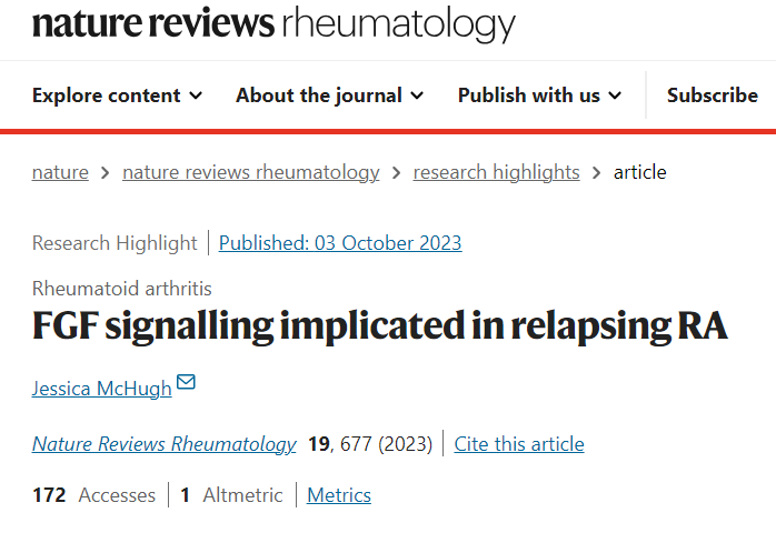 Nature子刊Research Highlights报道beat365附属光华医院类风湿关节炎研究最新进展
