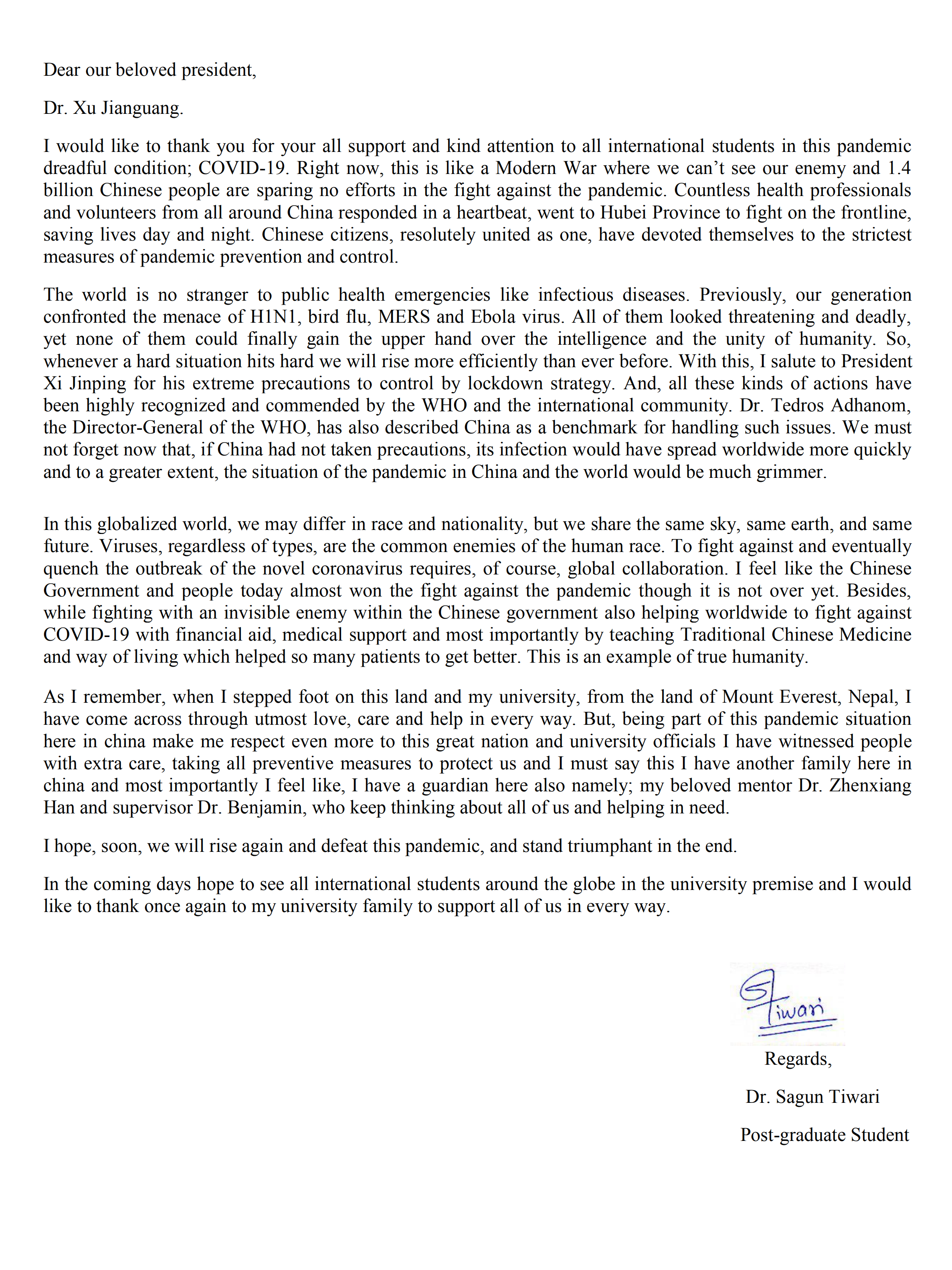 beat365国际学生回信校长，因同为“中医人”而自豪